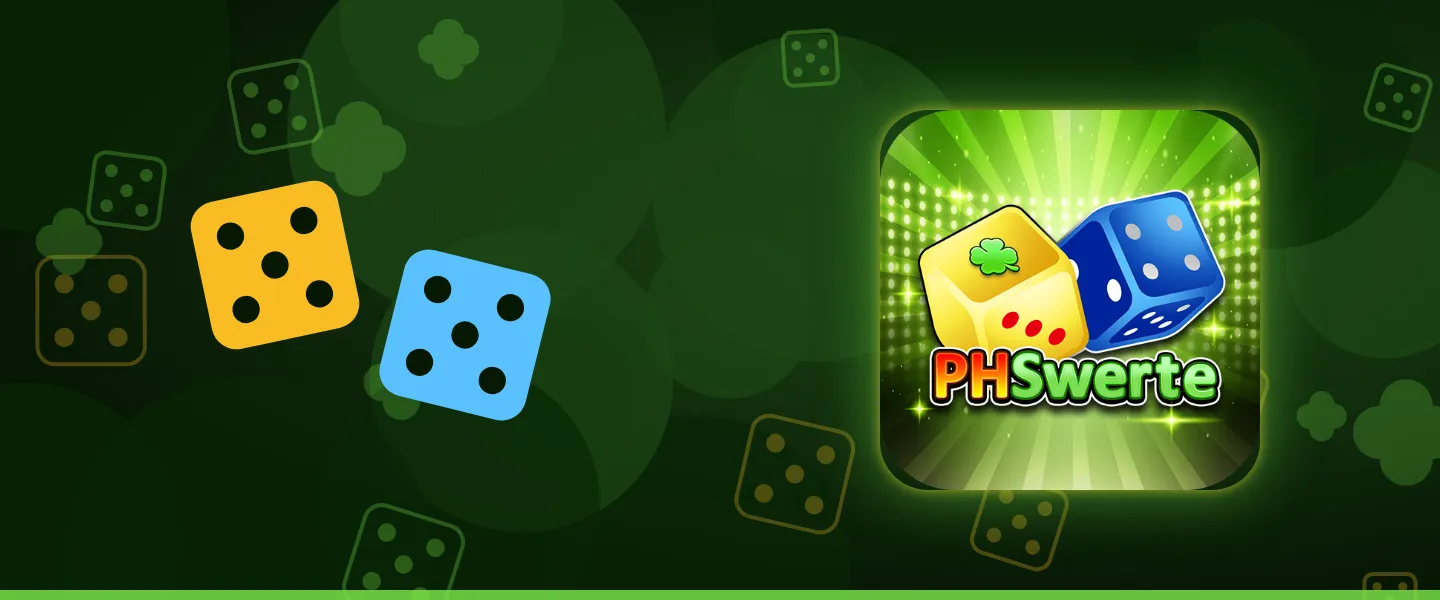 An amber die and a blue die beside the PHSWERTE logo on a deep green background