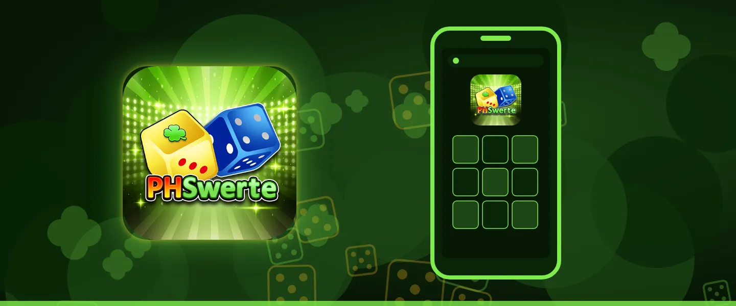 Illustration of a phone browser showing the PHSWERTE logo over a grid of game tiles