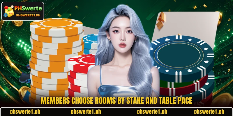 Members choose rooms by stake and table pace Members choose rooms by stake and table pace